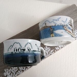 Vintage Ceramic Nautical 2 Soup bowls, speckled, large, 4", Japan, mint, Rare